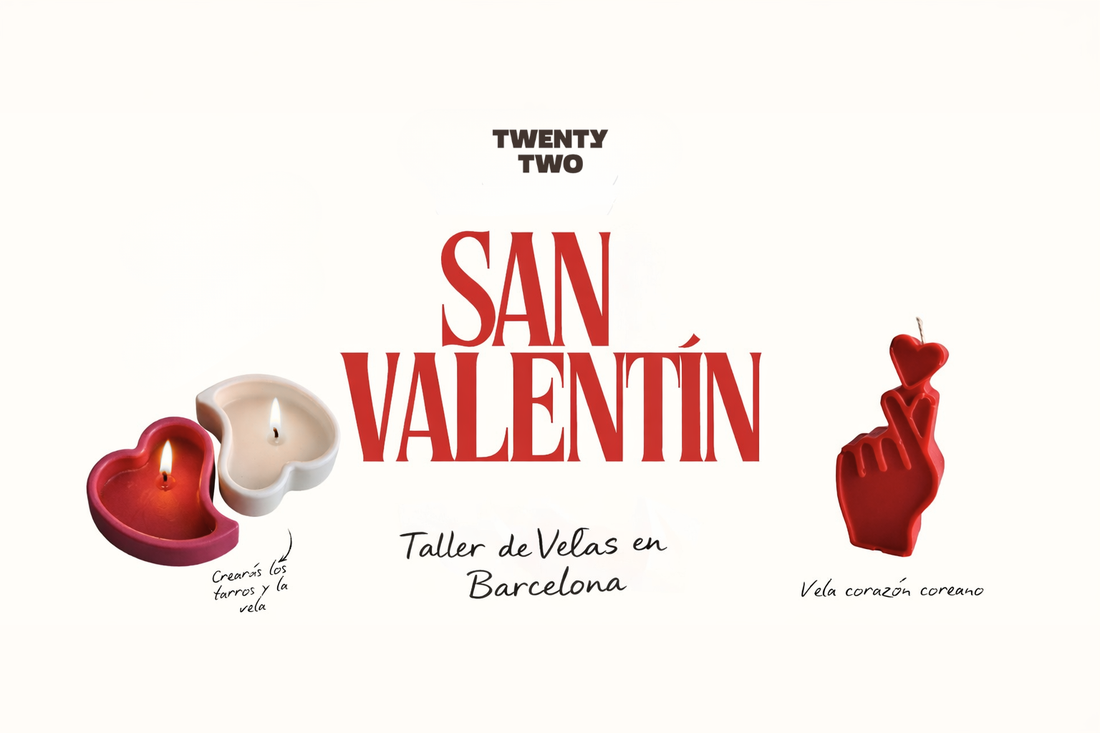 Imagen promocional de San Valentín de Twenty two con velas artesanales en forma de corazón y anuncio de taller de velas en Barcelona